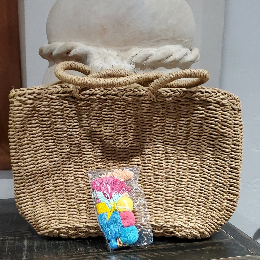 Woven Straw Tote Bag with Colorful Tassel Charm Beach Cruise Resort Pool Staycay
